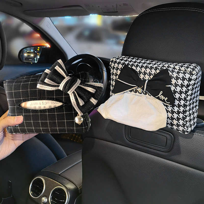 Update New Cute Bowknot Grid Car Tissue Box Auto Seat Headrest Hanging Paper Tower Holder Organizer Women Styling Car Interior Accessories