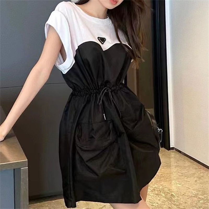 Casual Dresses Round Neck Chest Triangle Label Color Contrast Black And White Stitching Drawstring Waist Sleeveless Dress