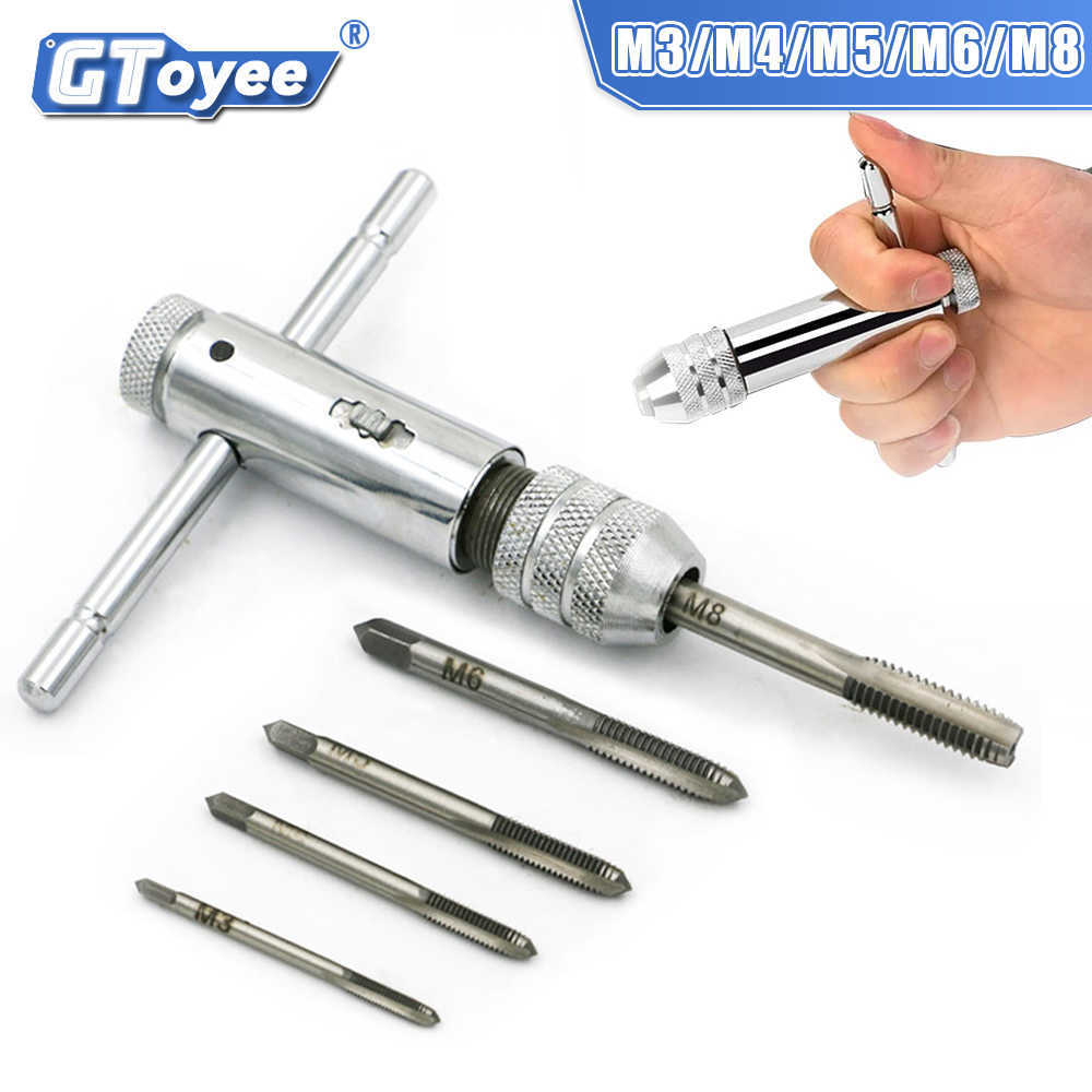 Adjustable Silver T-Handle Ratchet Tap Holder Wrench Set Hand Tools with M3-M8 Machine Screw Thread Metric Plug T-shaped