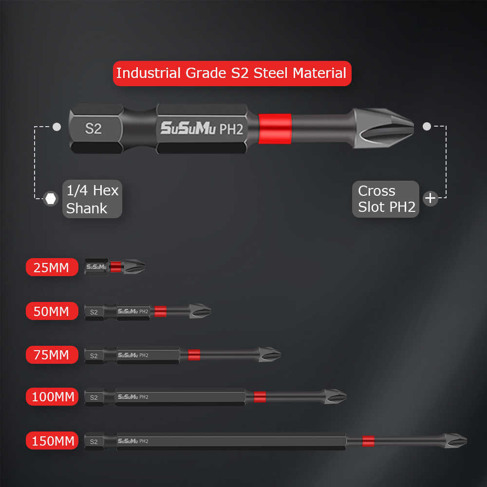 5 pièces magnétique croix PH2 jeu d'embouts Impact tête dureté tournevis Anti-dérapant tournevis perceuse à main outils