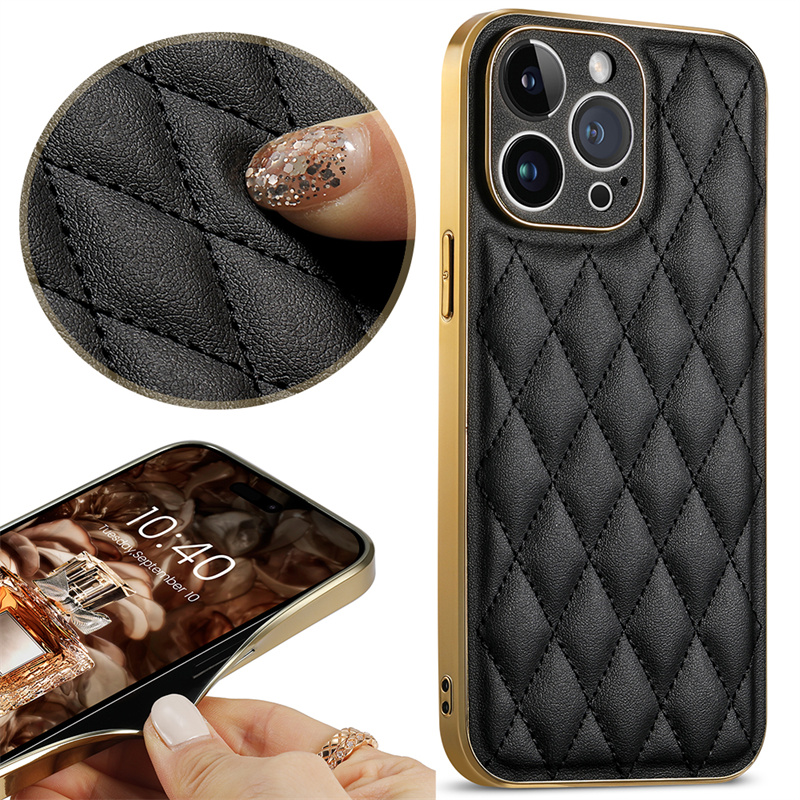 Luxury Electropated Little Fragrance Rhombus Leather Case för iPhone 14 Plus 12 13 Pro Max Shockproooof Soft Cover