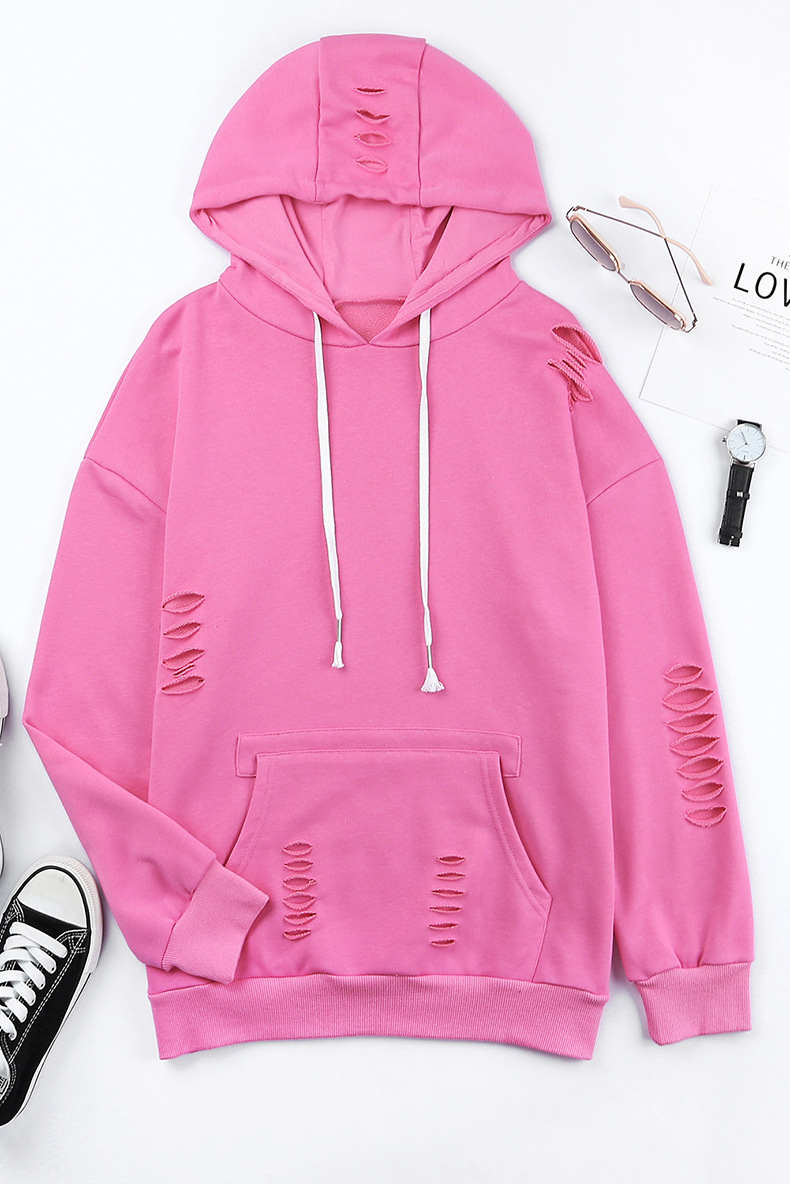 Sudaderas con capucha con agujero roto con estilo para mujer con cordón de manga larga de diseñador sudaderas con capucha sólidas talla S-2XL para damas