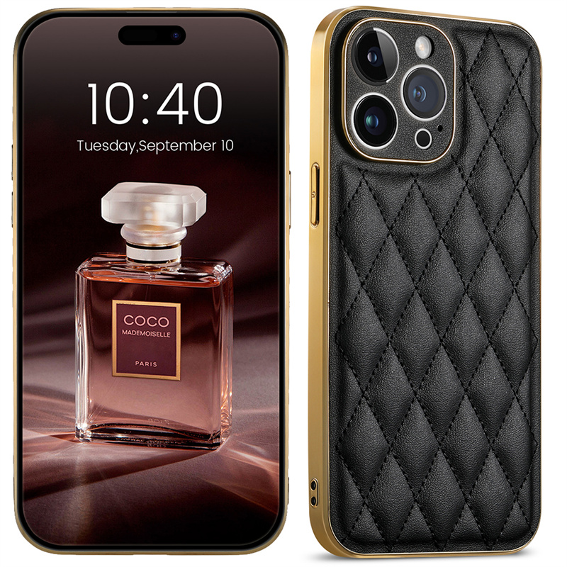 Luxury Electropated Little Fragrance Rhombus Leather Case för iPhone 14 Plus 12 13 Pro Max Shockproooof Soft Cover