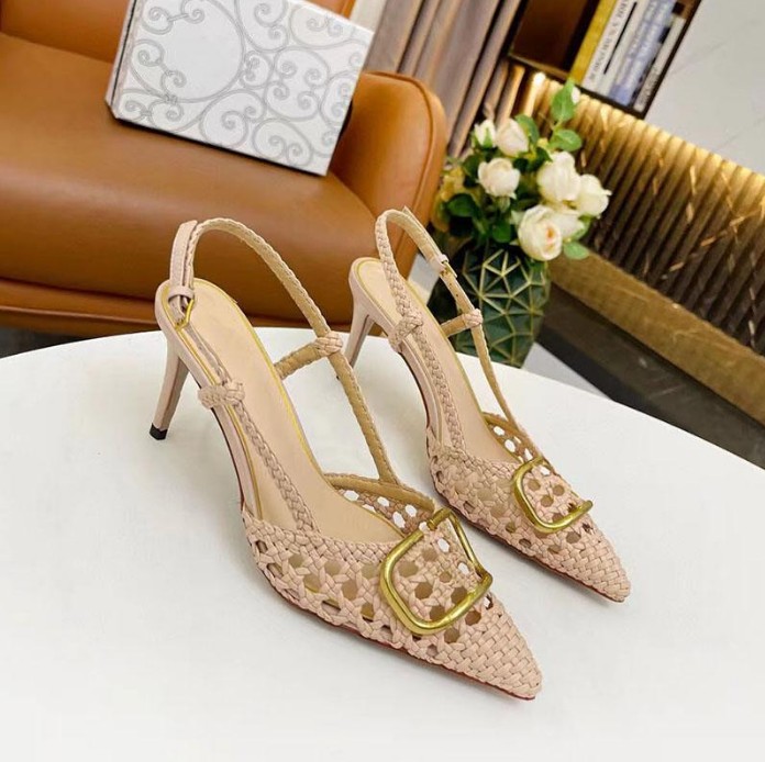 Designer women's high-heeled sandals Fashion leather pointy sexy party shoes Skinny heels Buckle Summer slippers High quality designer shoelaces box 35-43