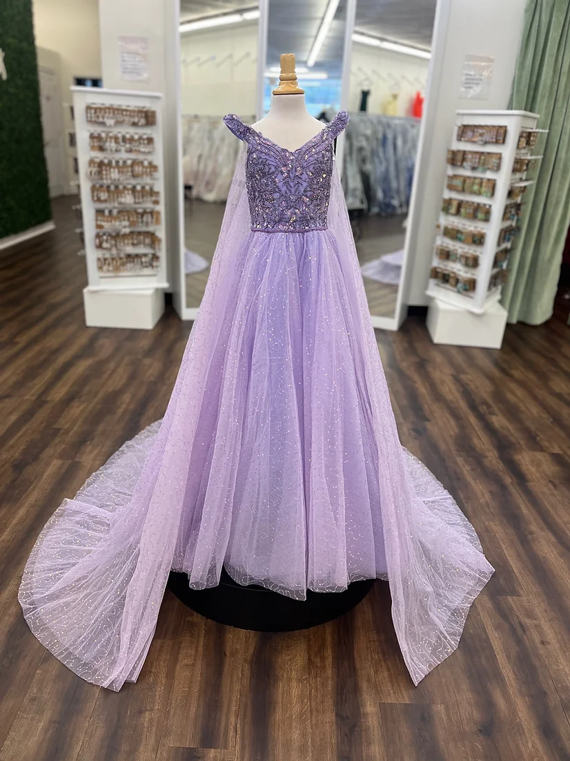 Periwinkle Sequin Girl Pageant Dress 2023 Cape Beading Ballgown Off-Shoulder Neck Little Kid Birthday Formal Party Gown Toddler Teens Preteen Sherr Lilac Pink Ivory