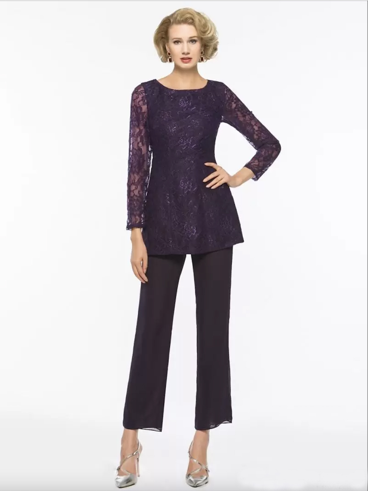 Dark Purple Lace Mother Of The Bride Pant Suits Long Sleeves Bateau Neck Wedding Guest Dress Chiffon Plus Size Mothers Groom Dresses