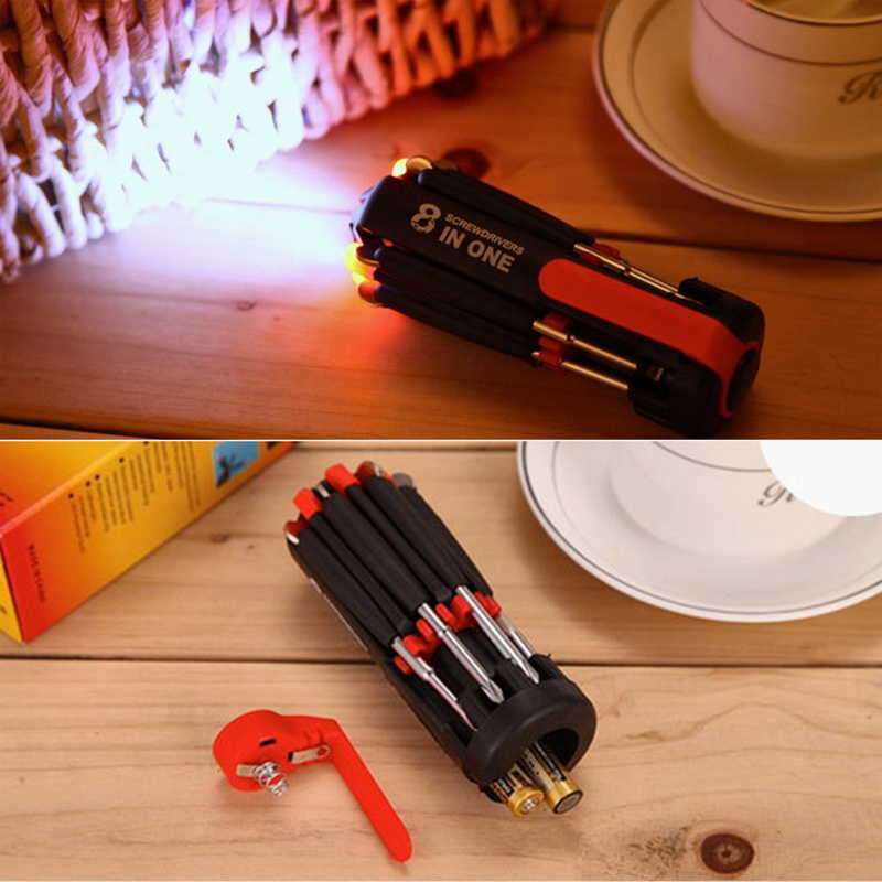 Neuester nützlicher 8-in-1-Multifunktions-Schraubendreher mit 6 LED-Taschenlampen-Werkzeugen, beleuchtetes Taschenlampen-Werkzeug-Set, Autozubehör