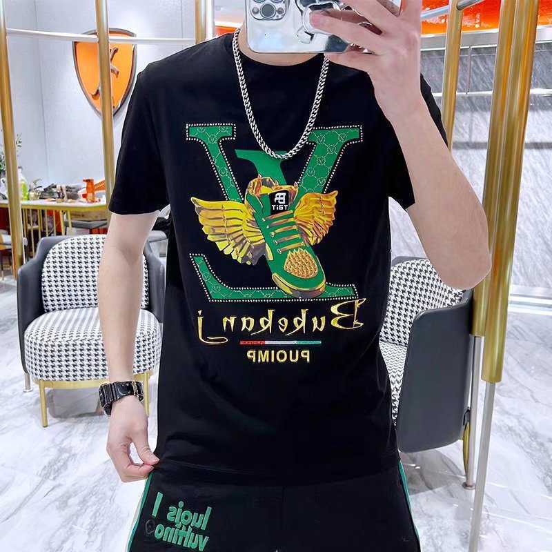 Men's T-Shirts designer 2022 summer new men's European fashion brand t-slim shoes print hot drill youth short sleeve T-shirt D21X