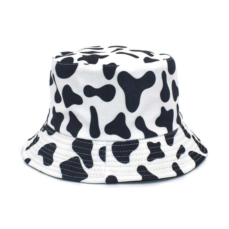 Wide Brim Hats Caluriri Cotton Cow Print Hat Korean Pop White Blk Bucket Hat Fisherman Hat Women Double-sided Basin Hat Men Summer Sun Hat P230311