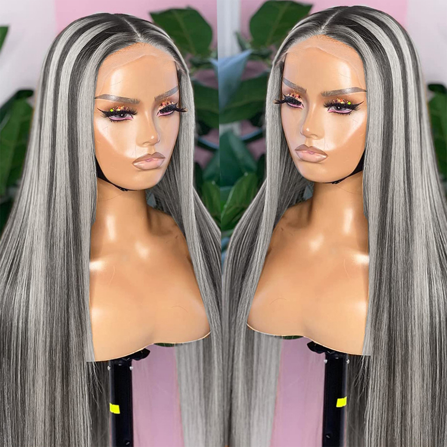 Straight Colored Lace Front Human Hair Wig Silver Grey And Black Highlight Wig Synthetic Lace Frontal Wigs for Women