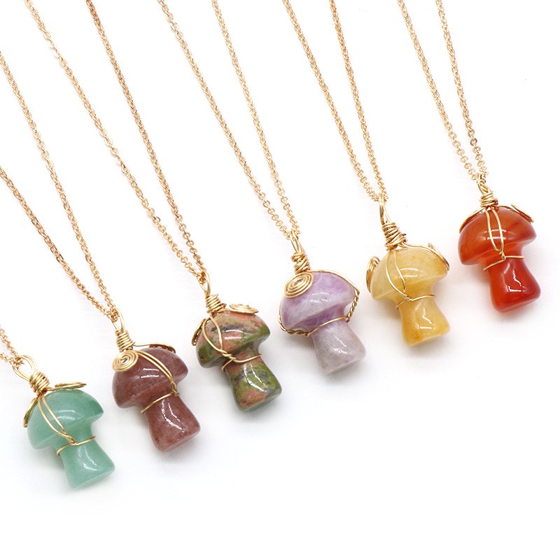 Mignon Champignon Charme Pierre Naturelle Pendentif Collier Guérison Agates Jades Violet Rose Quartz Pendule Fil Wrap Cristal Bijoux