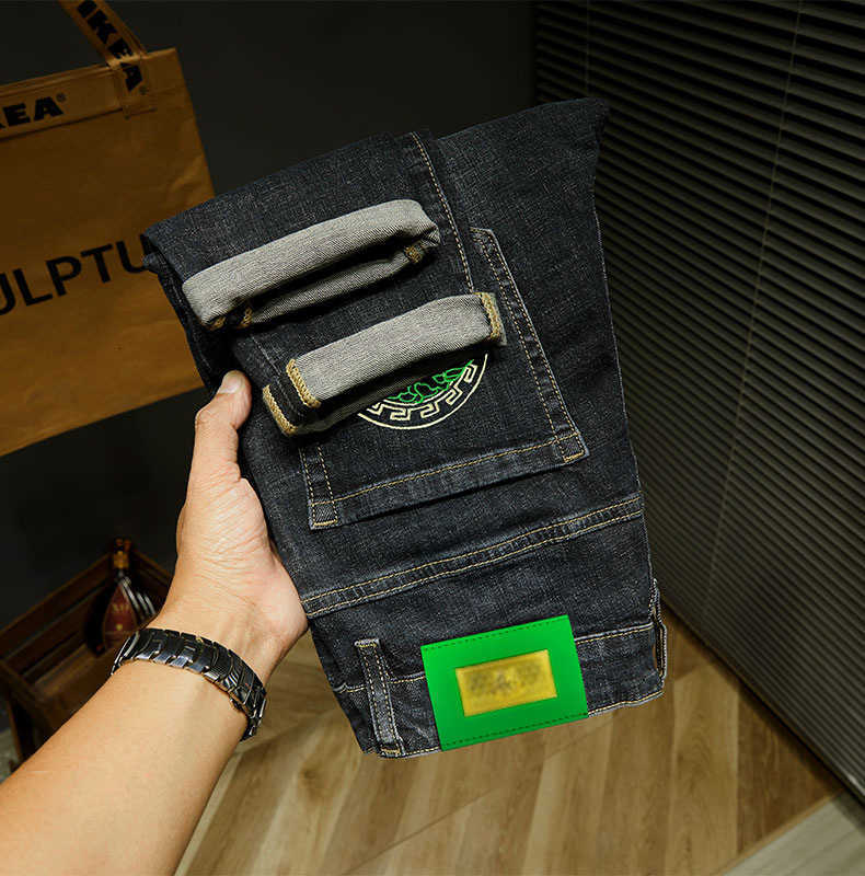 Heren jeans ontwerper Hong Kong high-end geborduurd water spook groene jeans Europese versie mannen strekken slanke broek ohy7