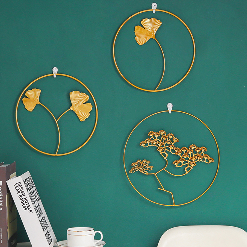 Objetos decorativos Arte de ferro Artamento decorativo Creative Luxury Plant Leaf Gold redonda redonda de metal ginkgo decoração de parede de folhas