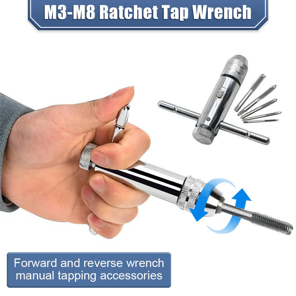 Adjustable Silver T-Handle Ratchet Tap Holder Wrench Set Hand Tools with M3-M8 Machine Screw Thread Metric Plug T-shaped