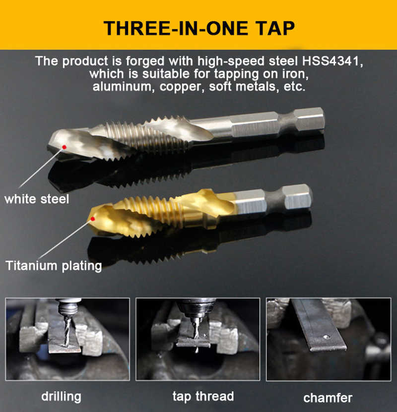 New Titanium Plated Hex Shank HSS Screw Thread Metric Tap Drill Bits Machine Compound M3 M4 M5 M6 M8 M10 Hand ToolsHome repair tools