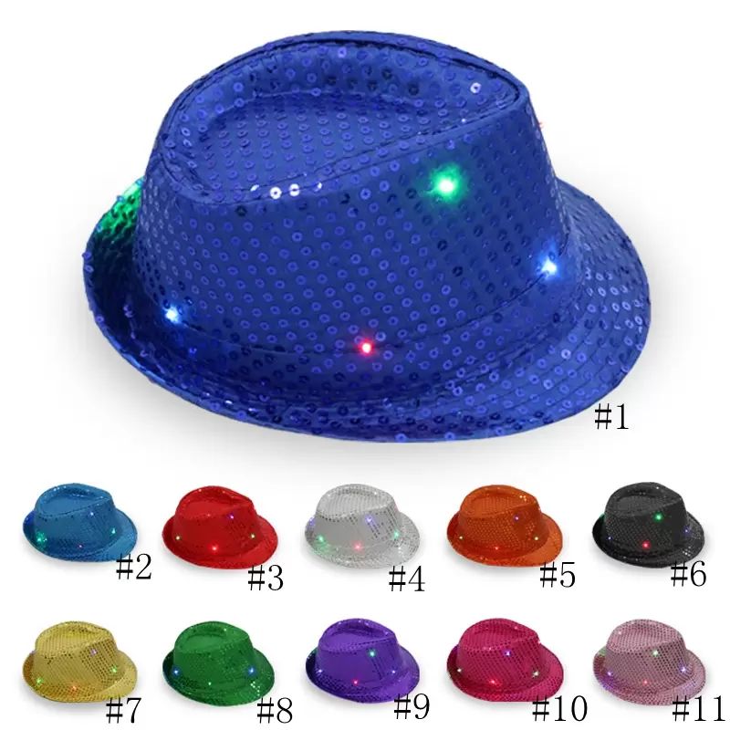 LED Cappelli Jazz Lampeggiante Illuminare LED Fedora Trilby Paillettes Cappellini Fancy Dress Dance Party Cappelli Unisex Hip Hop Lampada Cappello luminoso FY3870 ss0325