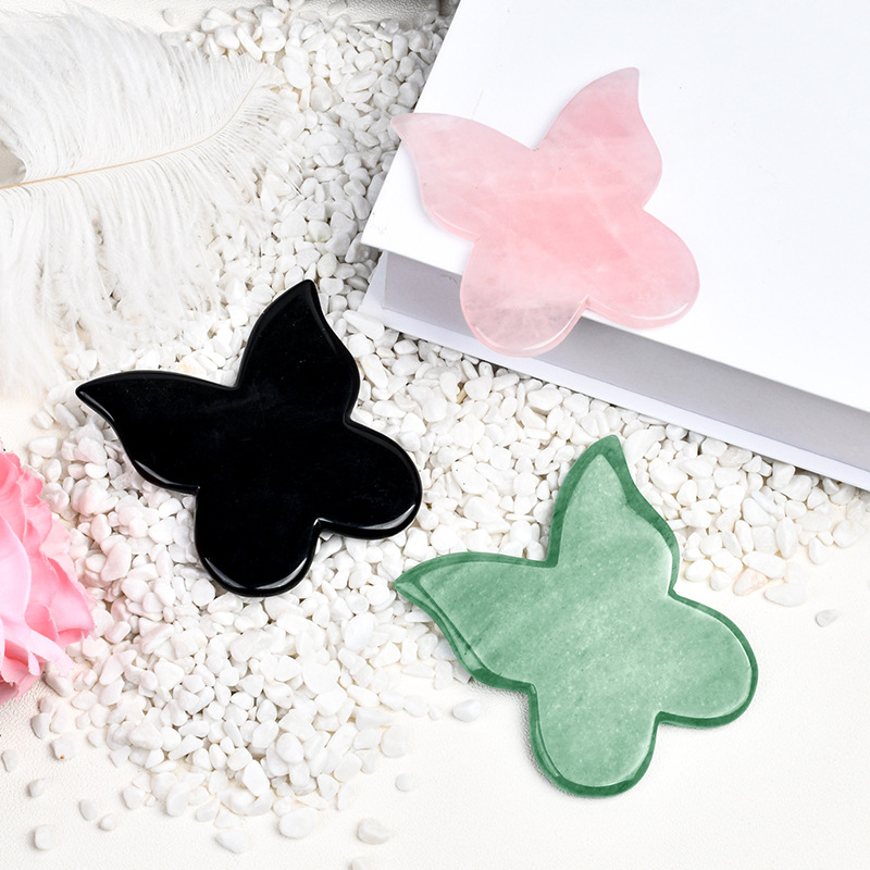 Portable Rose Quartz Facial Guasha Board Beauty Butterfly Forme Natural Crystal Stone Gua Sha Straming Massage Tool Skin Care Anti-Age