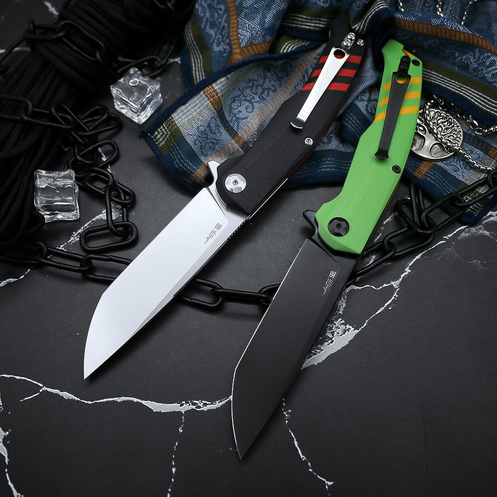 Nimoknives Fatdragon Couteau pliant multifonctionnel d'auto-défense robuste en plein air G10 Poignée bicolore D2 Outil de camping plaqué titane EDC