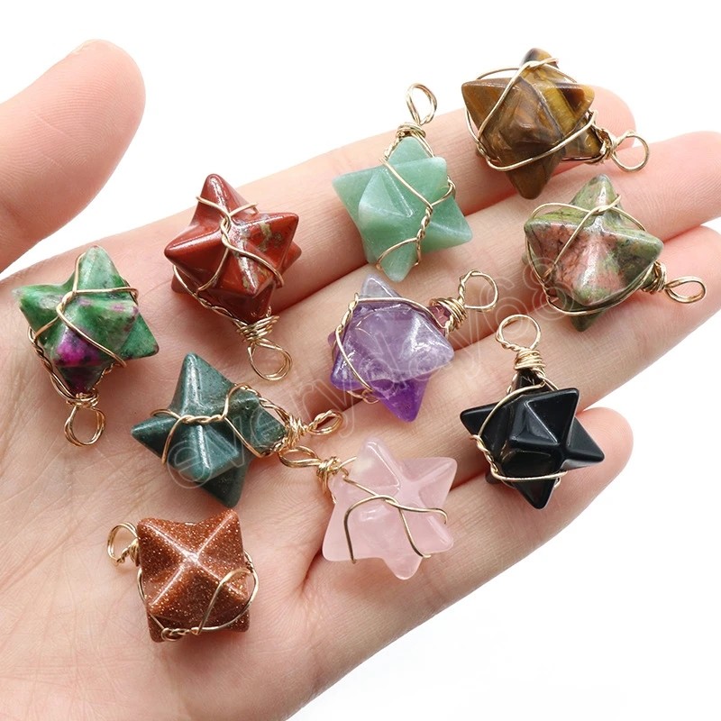 Star Natural Crystal Stone Pendant Wire Wrap Charm Six Point Star Obsidian Rubies Zoisite Amethysts Pink Quartz Pendulum