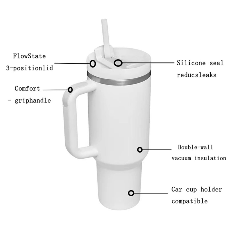 2.0 버전 40oz 텀블러 머그잔 이중 벽 스테인레스 스틸 진공 진공 절연 트래블 커피 컵 머그잔 대용량 스포츠 물병 손잡이 및 밀짚 뚜껑