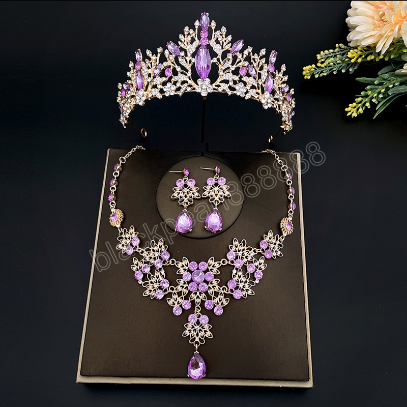 Elegante luxe hemelsblauw Crystal Rhinestone Crown sieraden Sets Choker ketting oorbellen tiara sieraden bruiloft accessoires