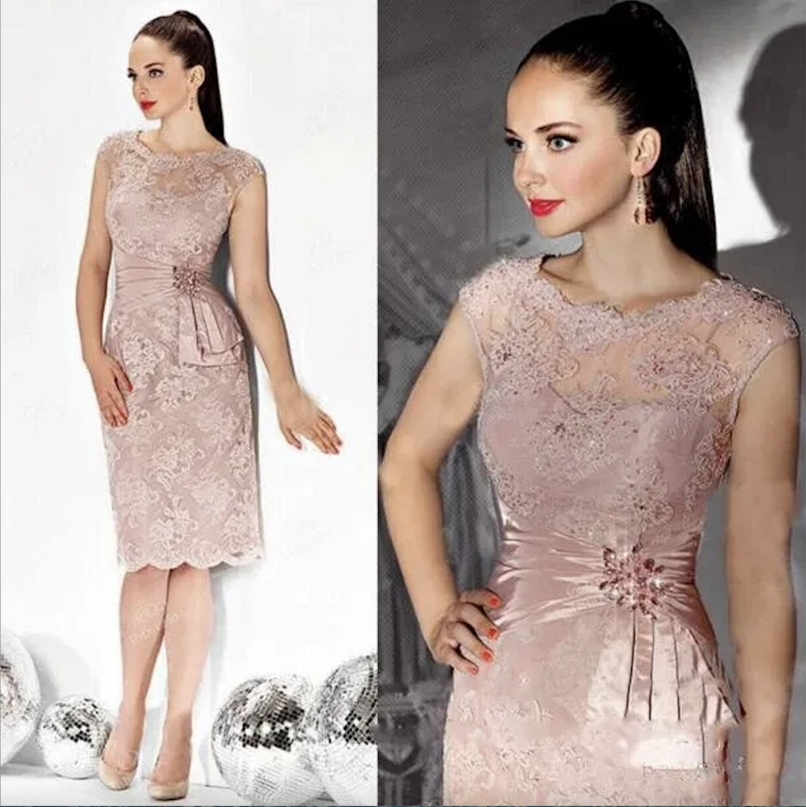 Hellrosa Spitze Kleider für die Brautmutter für die Hochzeit, Abschlussball, Juwelenausschnitt, Pailletten, Perlen, kurze Abschlussball-Party-Kleider, knielang, formelles Kleid für die Mutter in Übergröße