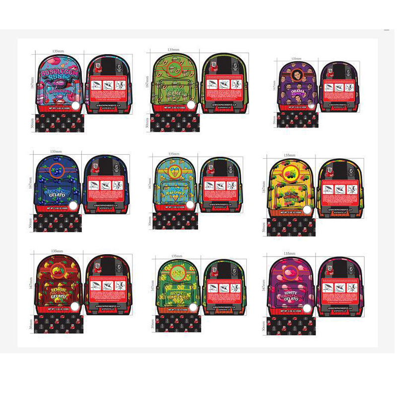 Unique Backpack Shape Mylar Bags 3.5g Edibles Packaging Boyz Black Lemon Cherry Blue Guauana California Gelato Stand Up Pouch Case