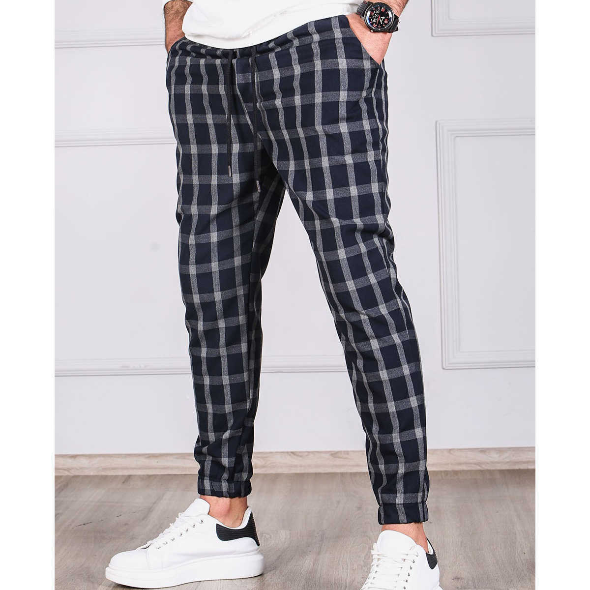 Pantalons pour hommes New Plaid Striped Drawstring Jogger Pants for Men Business Casual Pencil Pant Male Clothes Vintage Printed Trouser Livraison gratuite W0325