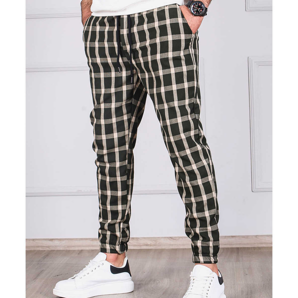 Herenbroek nieuwe plaid gestreepte trekkoord joggerbroek voor mannen zakelijke casual potlood pant man mannelijke kleding vintage bedrukte broek gratis verzending w0325