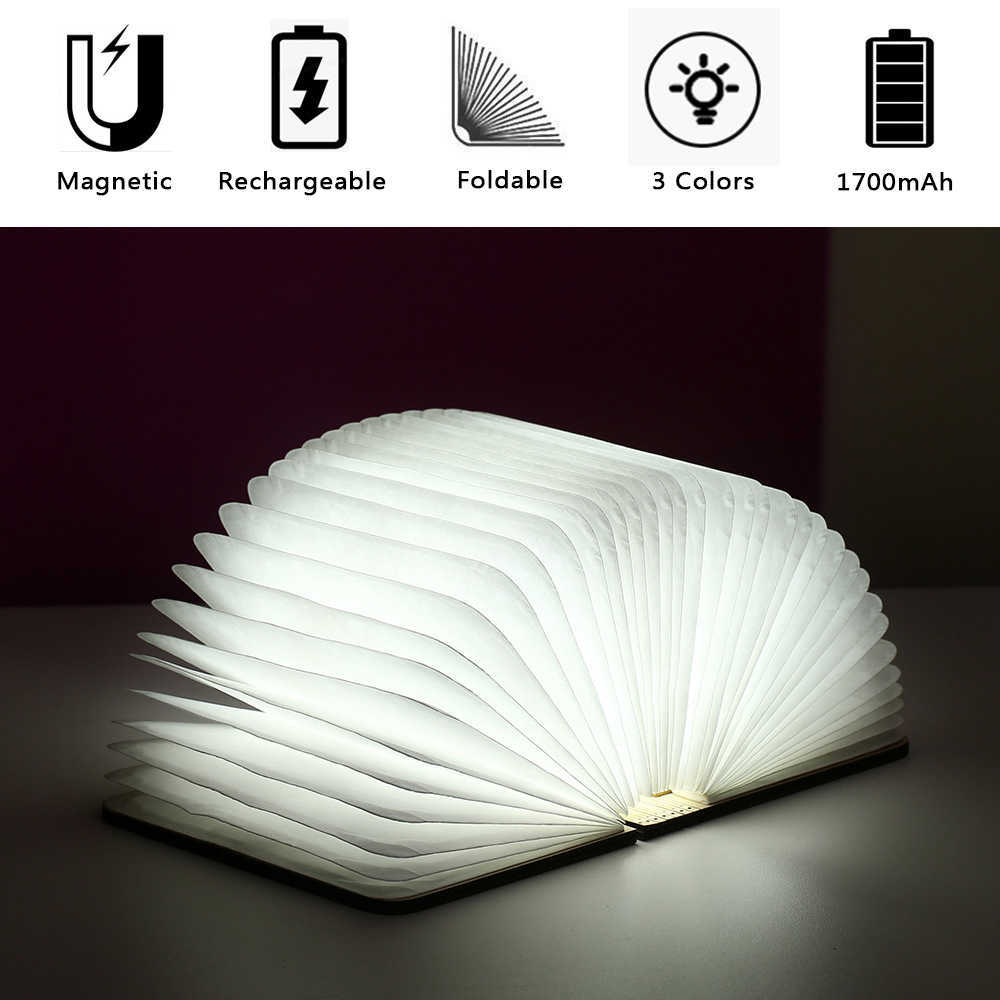 Nachtlichten Portable 3 kleuren 3D Creative Led Book Night Light HOUTEN USB Oplaadbare magnetische opvouwbare bureau Tafellamp Huisdecoratie P230325