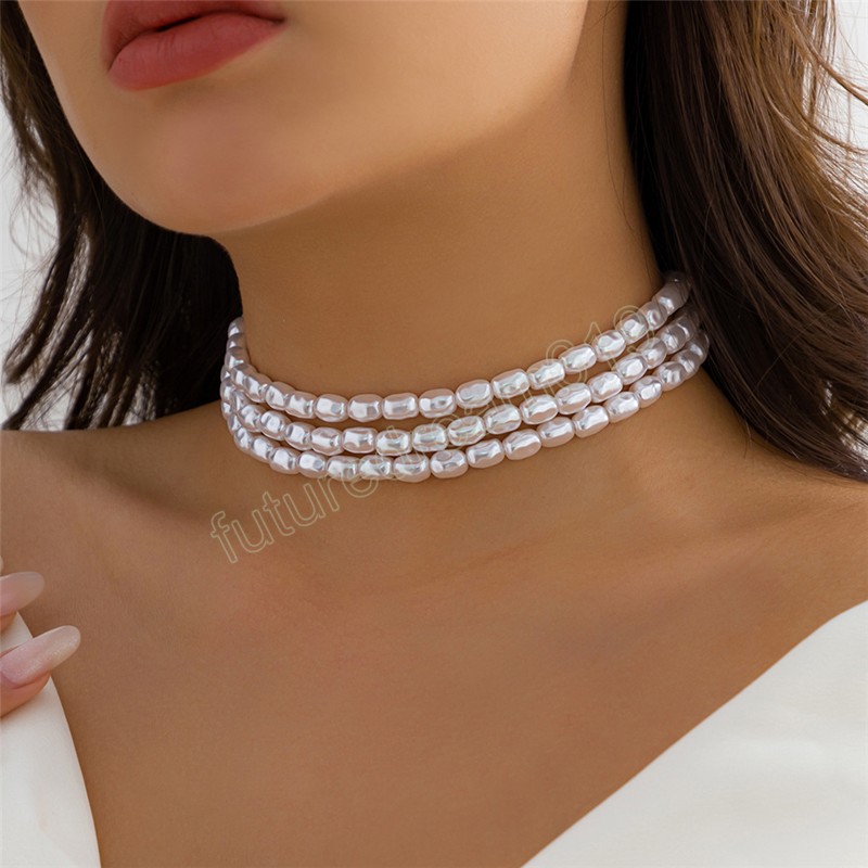 Multilayer Pearl Choker Necklace for Women Wed Bridal Vintage Bead Clavicle Chain Aesthetic Accessories