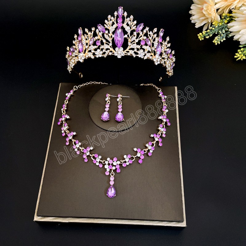 Elegante luxe hemelsblauw Crystal Rhinestone Crown sieraden Sets Choker ketting oorbellen tiara sieraden bruiloft accessoires