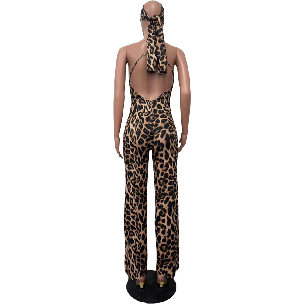 WholesaleWomen's Jumpsuits Leopard Print Women One Piece Outfits Overalls designer Backless Slip Jumpsuite with Scarf Loose Leg Playsuits Pants 9585