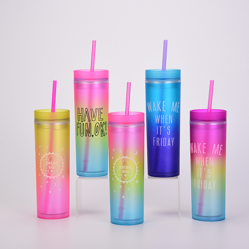 Gros 16oz Acrylique Skinny Tumblers Dégradé de couleur arc-en-ciel Gobelets en acrylique avec couvercles et pailles Gobelets en plastique à 2 couches avec paille Z11