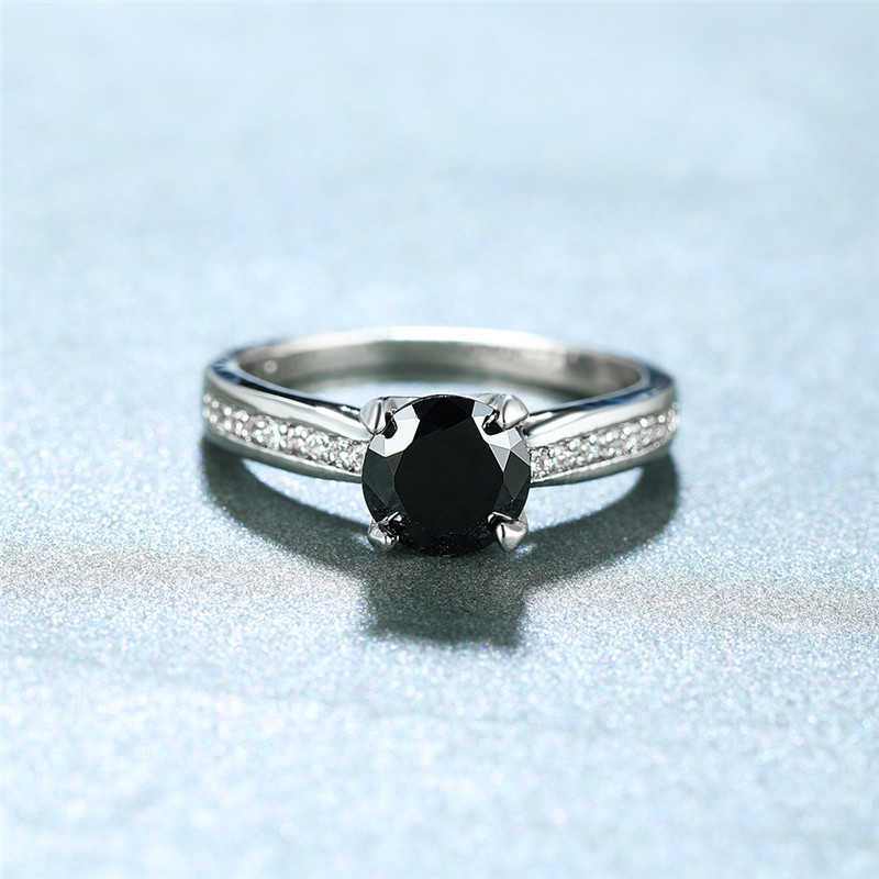 Band Rings Cool Female Black Zircon Stone Ring Classic Silver Color Thin Engagement Rings For Women Trendy Crystal Round Wedding Ring G230327