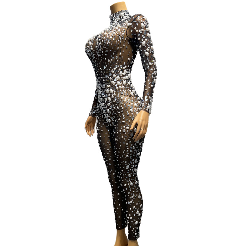 Sparkly Black Nude Pearl Strass Mesh Jumpsuit Stretch Shinny Transparent Crystal Justaucorps Barboteuses Sexy Stage Singer Dancer Bar Discothèque Performance Collants