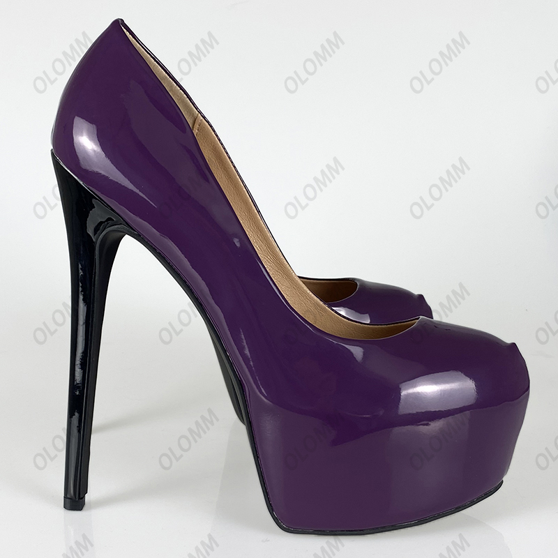 Olomm handgefertigte Damen-Plateau-Pumps, glänzend, sexy Stiletto-Absätze, runde Zehen, wunderschöne dunkelviolette Club-Wear-Schuhe, US-Größe 5–20