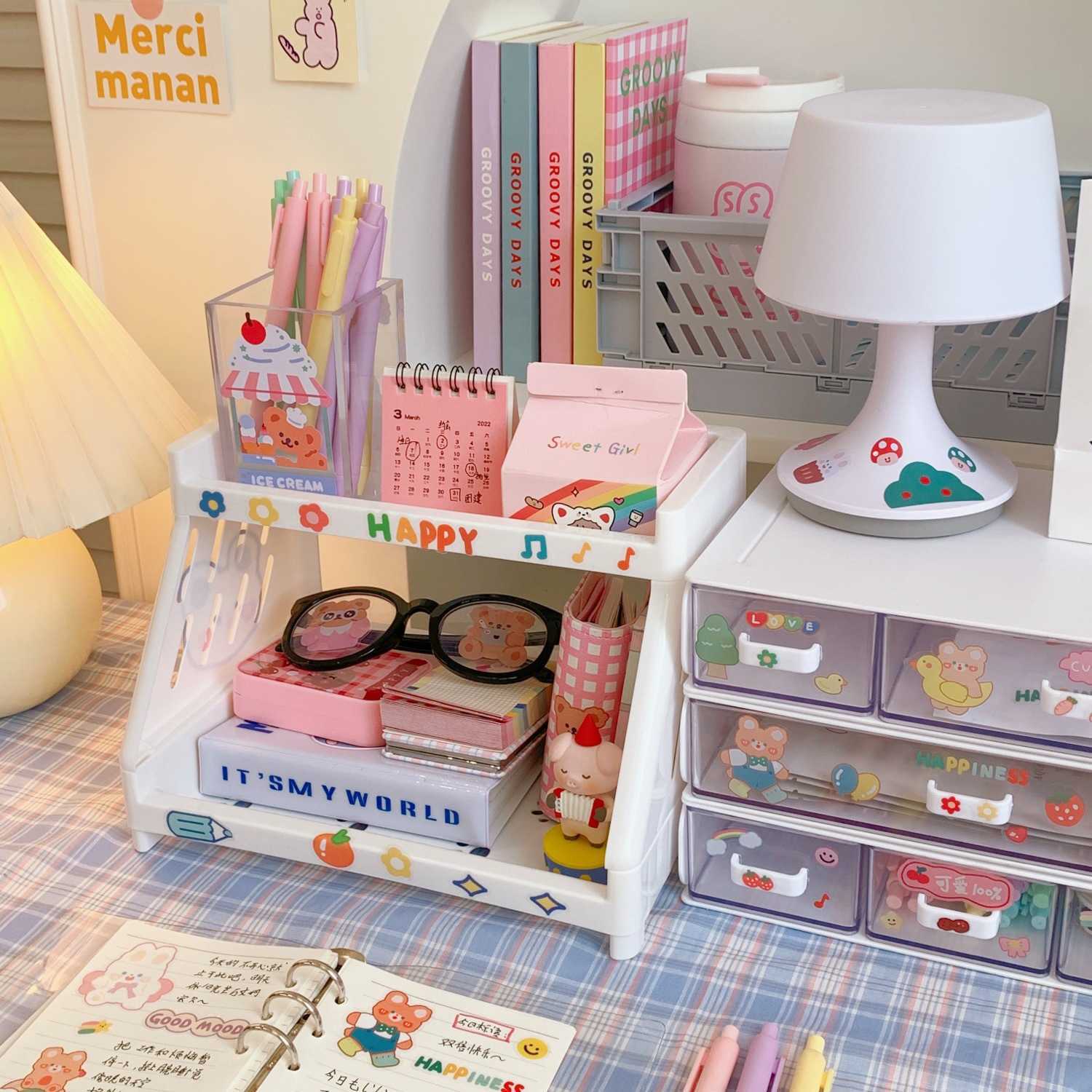 Storage Boxes Bins Desktop Storage Rack Double Layer Cosmetics Jewelry Rack Student Stationery Organizer Rack PP Folding Kitchen Storage Rack Kawai P230324