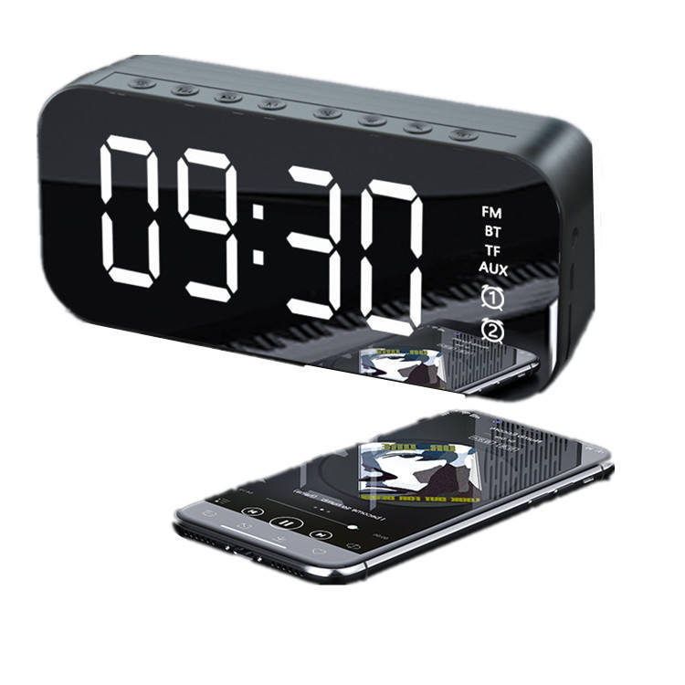 A18 Mirror Alarm Clock Bluetooth Speaker FM Radio Support TF Card AUX Line Playback Wireless Loudspeaker With Dimmable LED Display in Retail Box