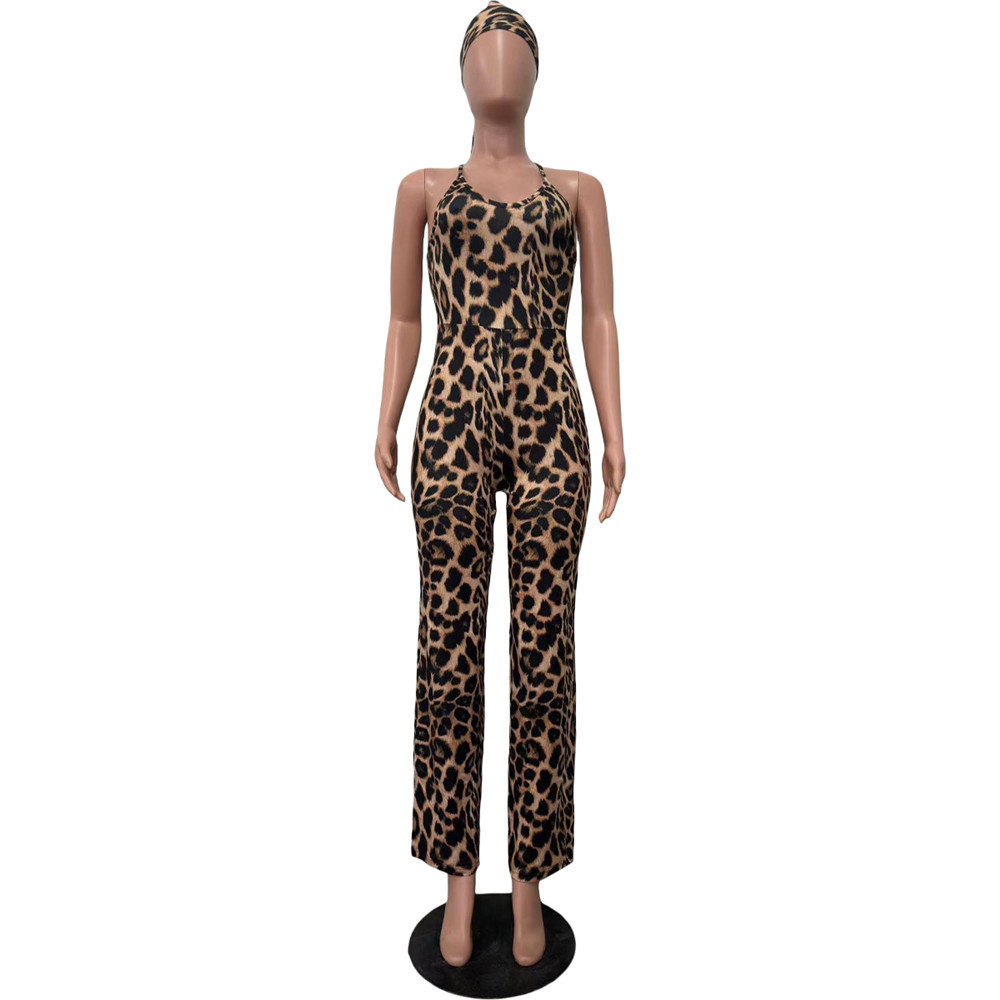 WholesaleWomen's Jumpsuits Leopard Print Women One Piece Outfits Overalls designer Backless Slip Jumpsuite with Scarf Loose Leg Playsuits Pants 9585