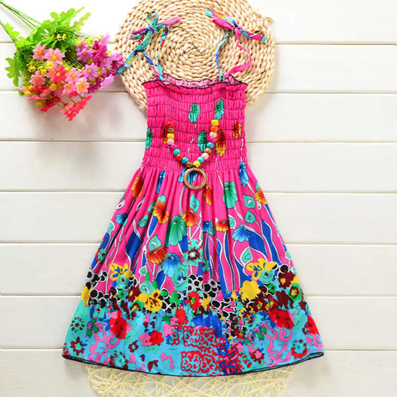 Flickans klänningar Sommarflickor Floral Dress Sling Ruffles Bohemian Beach Princess Dresses For Girl Clothing 2 6 8 12 år med halsbandsgåva
