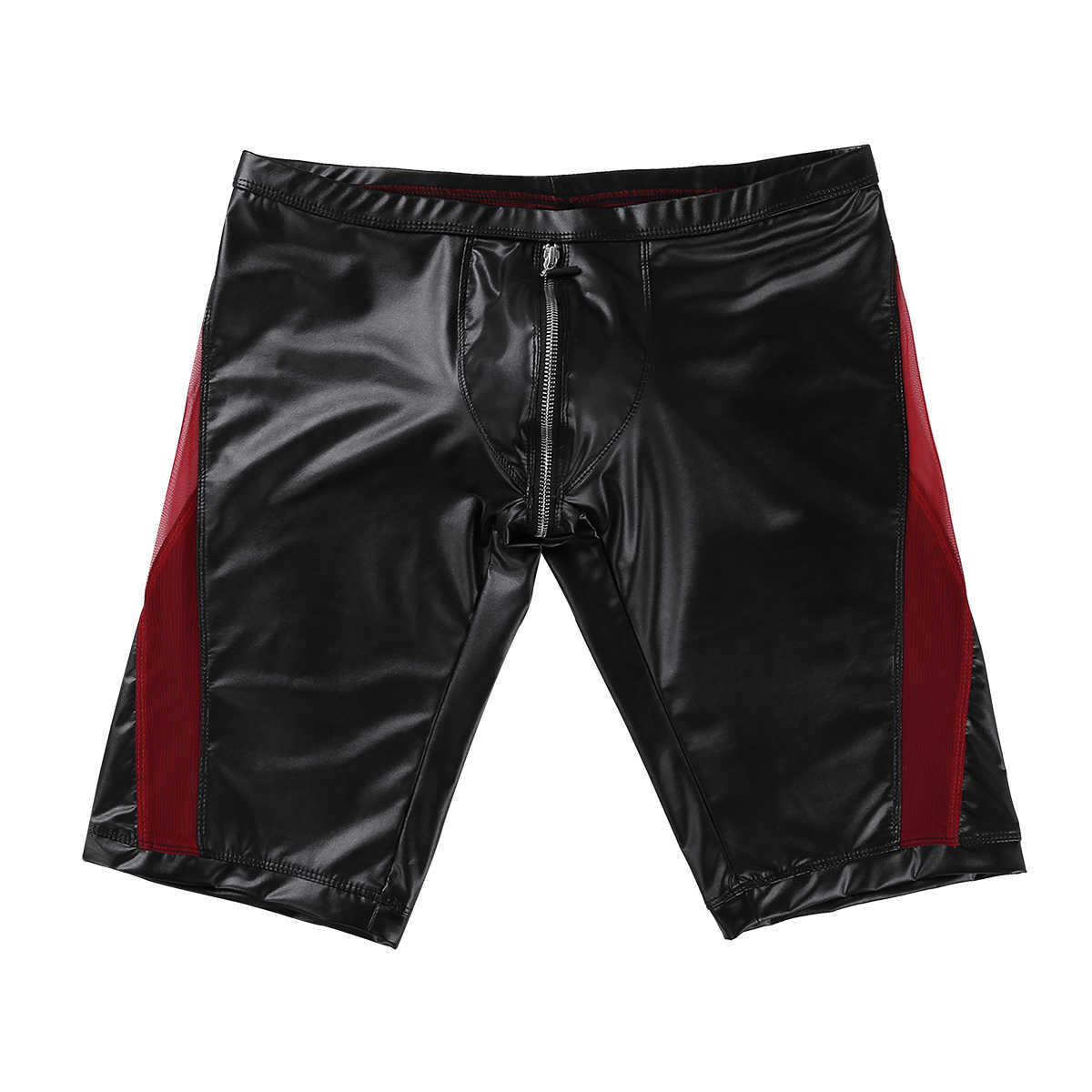 Men's Shorts Black Punk Sexy Clubwear Mens Soft Faux Leather Zipper Crotch Mesh Splice Jockstraps Pouch Low Rise Slim Fit Tight Boxer Shorts W0327