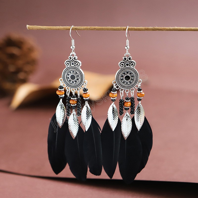 Multicolor Boho Feather Women Dangle Earrings Alloy Geometric Handmade Beads Leaf Long Earings Mujer Indian Jewelry Pendientes
