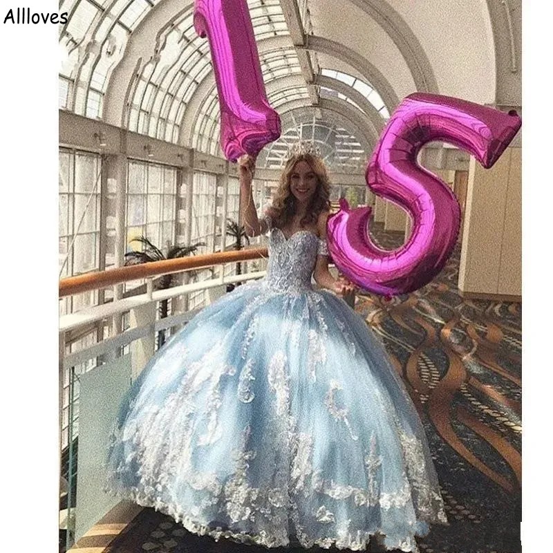 Ligh Sky Blue Ball Gown Quinceanera Dresses For Girls Sexy Sweetherat Lace Appliuqed Puff Princess Formal Event Party Gowns Plus Size Matenity Sweet 16 Dress CL2088