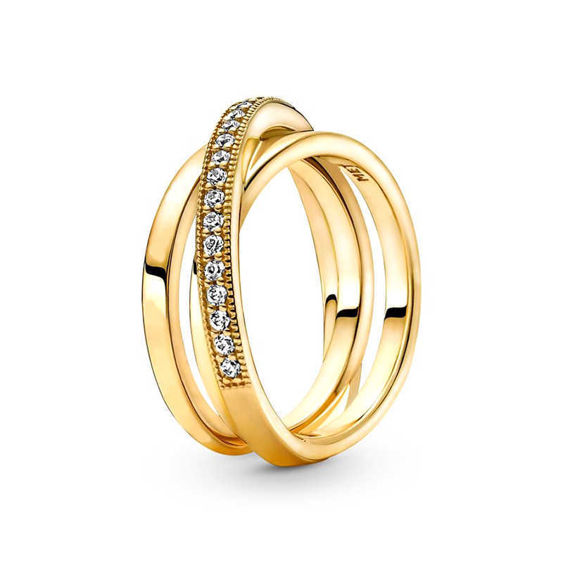 Bandringar 2022 NYA 925 Sterling Silver Ring Gold Plated Zircon Sparkling Princess Bone Heart Ring Women Original Pandor Fine Jewelry G230327