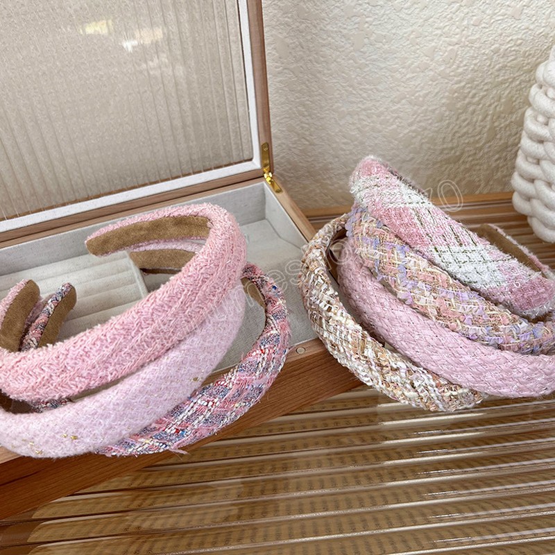 Pink Series Sponge Headband Tweed Braided Hair Accessories Knitted Weaving Plaid Striped Head Hoop Handmade Casual Hairbands