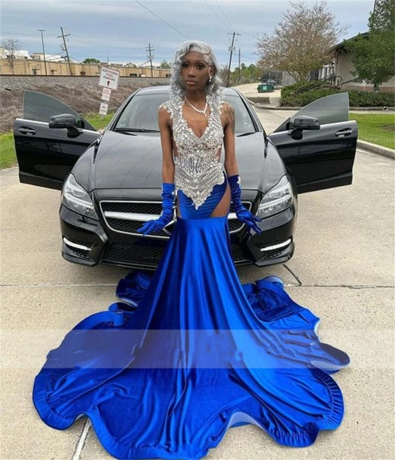 New Arrival 2023 Royal Blue Mermaid Prom Dresses With Two Gloves Crystals Rhinestones Formal Party Gown Robe De Bal