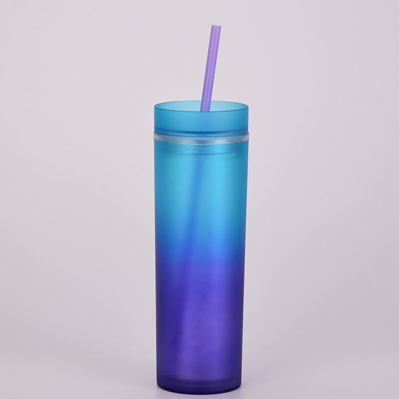 16 oz Akrilik Sıska Tumbler Gradyan Gökkuşağı Renk Kapakları ve Pipetli Akrilik Tumbler 2 Katmanlı Pileli Plastik Tumbler Z11