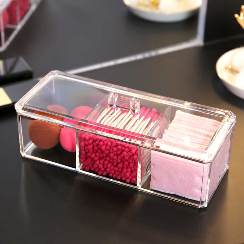 Boîtes de rangement Bacs Boîte de rangement cosmétique transparente Organisateur de maquillage Coton-tige tricolore Boîte de rangement en tampon de coton Matériel acrylique de bureau P230324