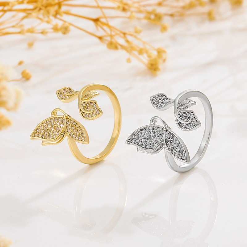 Band Rings Butterfly Open Ring For Women Fashion Light Luxury Full Rhinestone Butterfly Leaf Open Women's Ring Banket Party Jewelry Gift G230327